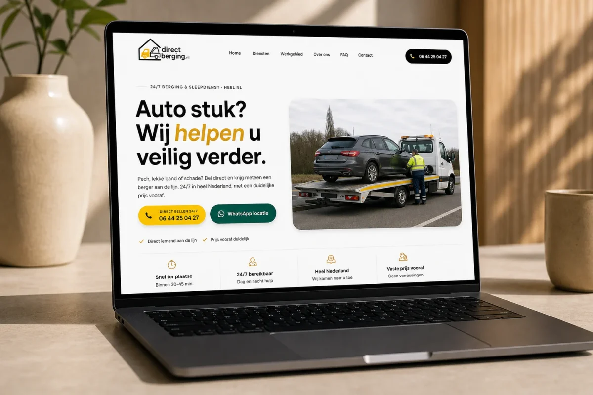 Directberging, snelle website voor bergingsbedrijf